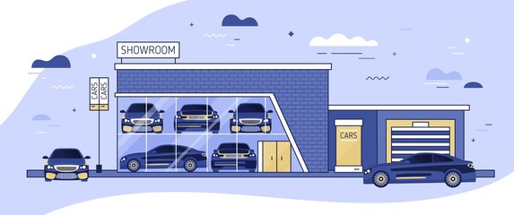 Facade of auto showroom or vehicle local distribution and automobiles parked beside it. Modern building of car dealership with window. Automotive retail. Colorful vector illustration in flat style.