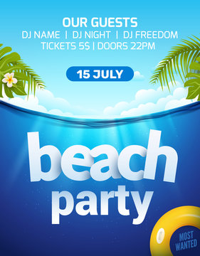 Pool beach summer party invitation banner flyer design. Water and palm inflatable yellow mattress. Beach party template poster