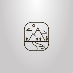 black and white simple vector line art isolated sign of mountain landscape with clouds, spruce and sun
