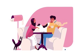 Pair of romantic partners at cat cafe. Joyful man and woman sitting at table and drinking coffee with funny domestic animals or pet kitties. Colorful vector illustration in flat cartoon style.