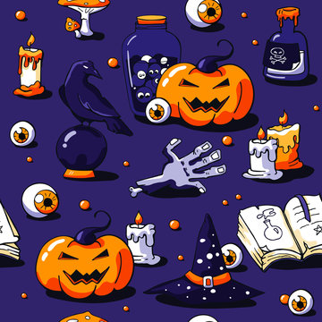 Halloween image set on violet background. Vector hand drawn objects: zombie hand,  candles, raven, potion, eyeball, scroll, crystal ball, tombstone and scary tree. Halloween lettering.