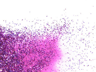 Naklejka premium Purple glitter sparkles on white background. Beautiful abstract backdrop for vip design, fashion, make up, nail art, shopping, cards design, beauty concept