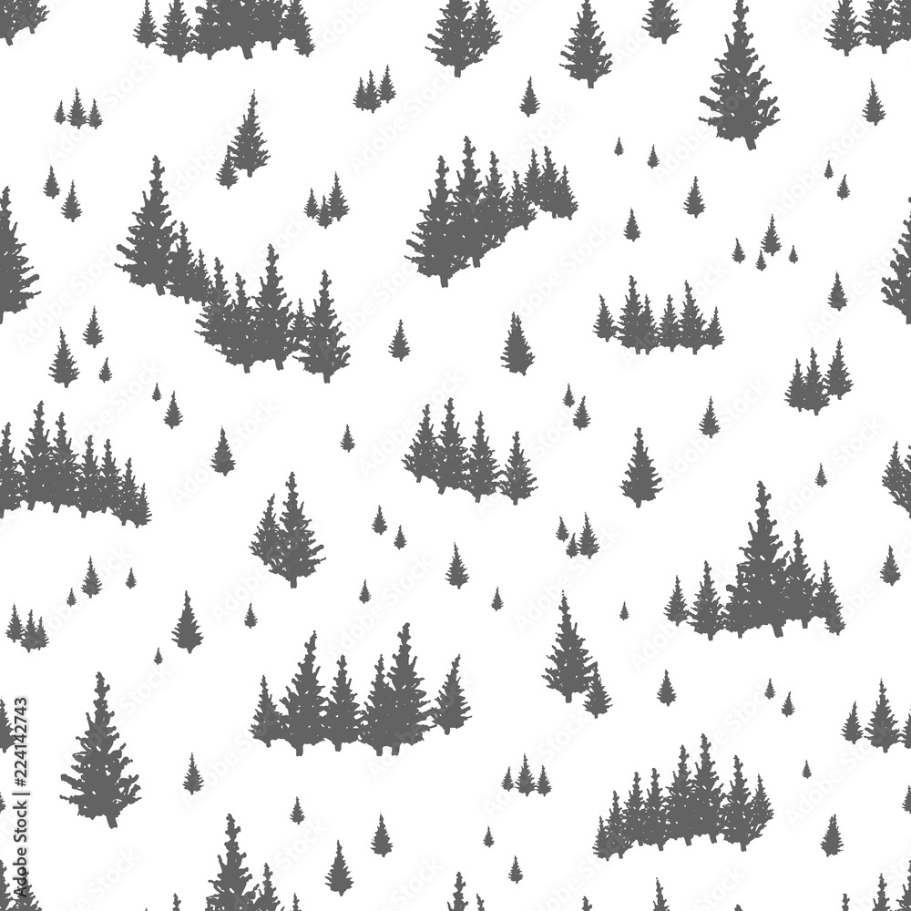 Poster Seamless pattern with silhouettes of coniferous trees. Backdrop with evergreen forest, fir woods or woodland. Hand drawn vector illustration in black and white colors for textile print, wallpaper.