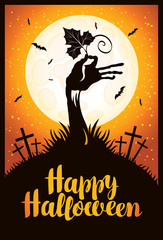 Vector banner for Halloween party with zombie hand and pumpkin leaf at the moonlit night cemetery on the background of the full moon