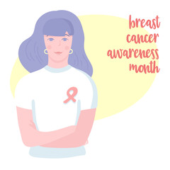 Young caucasian woman in white T-shirt with pink ribbon on her chest, hands crossed