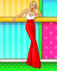 Vector sexy girl in white blouse, red bell-bottoms trousers with slim waist. Pop art glamor model stands in fashion clothes. Woman character isolated on bright background for ad poster, promo banner.
