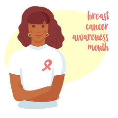 Young african woman in white T-shirt with pink ribbon on her chest, hands crossed