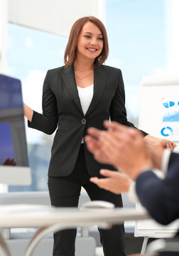 business lady makes a report on the business presentation.