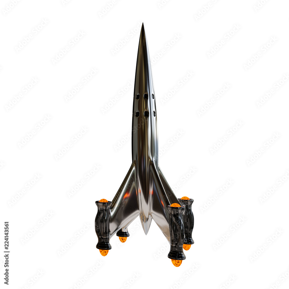 Wall mural spaceship, beautiful and shiny rocket flying into outer space (3d render isolated on white backgroun