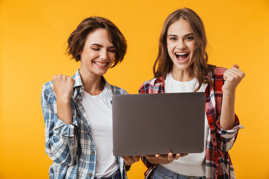 Women friends isolated over yellow wall background using laptop computer make winner gesture.
