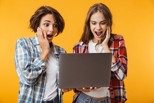 Women friends isolated over yellow wall background using laptop computer.