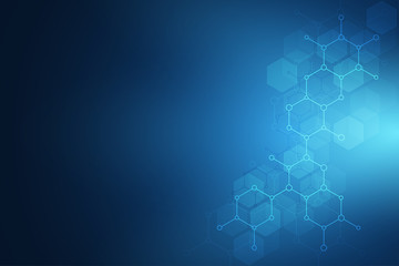 Molecular structure and chemical elements. Abstract molecules background. Science and digital technology concept. Vector illustration for scientific or technological design.