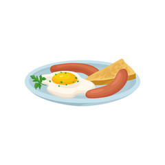 Fried egg with sausage and bread, fresh nutritious breakfast food, design element for menu, cafe, restaurant vector Illustration on a white background