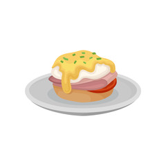 Burger with fried egg on a plate, fresh nutritious breakfast food, design element for menu, cafe, restaurant vector Illustration on a white background