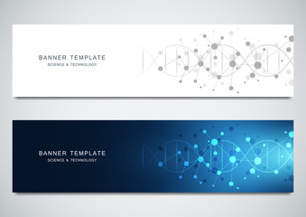 Vector banners design for medicine, science and technology. Molecular structure background and DNA helix.
