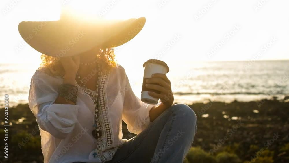 Sticker nice beautiful middle age woman calling friends with mobile phone in outdoor place near ocean. summe