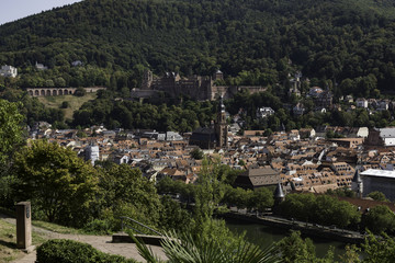 Fototapeta na wymiar Aerial view of the city of Heidelberg and the neckar river in summer shot from a nearby hill