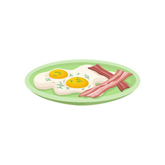 Fried egg with bacon on a plate, fresh nutritious breakfast food, design element for menu, cafe, restaurant vector Illustration on a white background