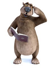 3D rendering of cartoon bear reading book and thinking about something.
