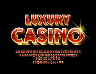Fototapeta na wymiar Vector Red and Gold Luxury Casino emblem. 3D exclusive Font. Chic modern Alphabet Letters, Numbers and Symbols