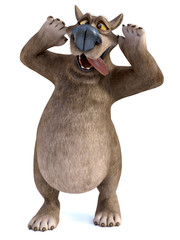 3D rendering of a cartoon bear doing a silly face.