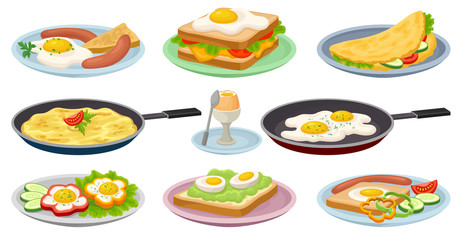 Tasty dishes with eggs set, fresh nutritious breakfast food, design element for menu, cafe, restaurant vector Illustrations on a white background