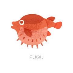 Illustration of swimming red fugu fish. Marine creature. Japanese delicacy. Seafood theme. Flat vector icon with texture