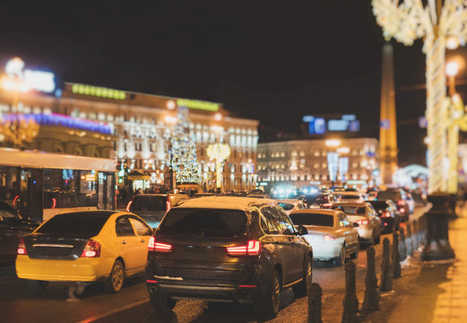 Big traffic jam in the evening at festive Nevsky prospect.