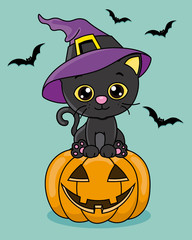 happy halloween card. black cat with witch hat and a pumpkin
