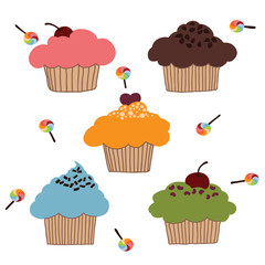 vector set of colorful cupcake icons isolated on white background.