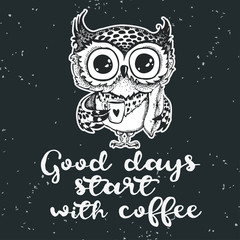 Hand drawn owl with cup of coffee.