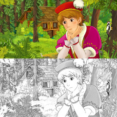 cartoon scene with young prince traveling and encountering hidden wooden house in the forest - with artistic coloring page - illustration for children