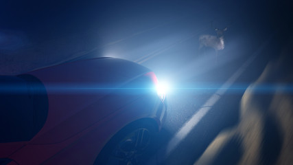 3d rendered illustration of a deer infront of a car