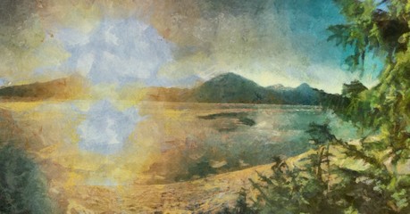 Oil painting. Art print for wall decor. Acrylic artwork. Big size poster. Watercolor drawing. Modern style fine art. Beautiful summer mountain landscape. Bright sunrise.