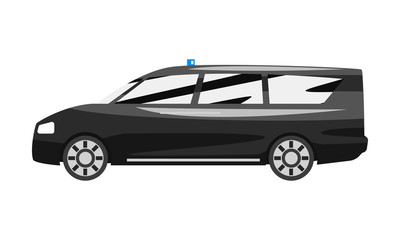 Black executive minivan with blue flasher siren, business luxury vehicle side view vector Illustration on a white background