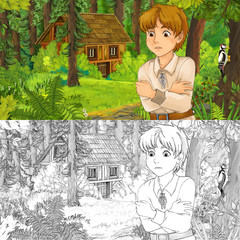 Obraz na płótnie Canvas cartoon scene yound farmer boy in the forest near some hidden wooden house - with artistic coloring page - illustration for children