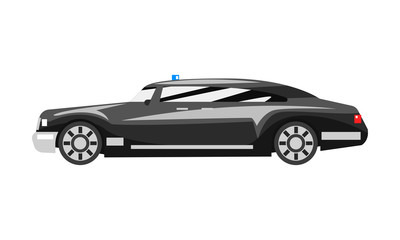 Black luxury car with blue flasher siren, business vehicle side view vector Illustration on a white background