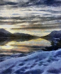 Oil painting. Art print for wall decor. Acrylic artwork. Big size poster. Watercolor drawing. Modern style fine art. Beautiful evening winter mountain landscape. Orange wonderful sunset.