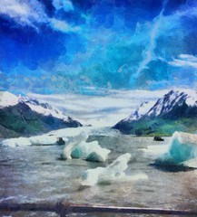 Oil painting. Art print for wall decor. Acrylic artwork. Big size poster. Watercolor drawing. Modern style fine art. Beautiful wimter mountain landscape. Bright blue sky.