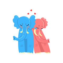 Couple of elephants in love embracing each other, two happy aniimals hugging with hearts over their head vector Illustration on a white background