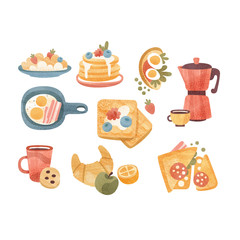 Classic breakfast dishes set, brunch or breakfast time vector Illustrations on a white background