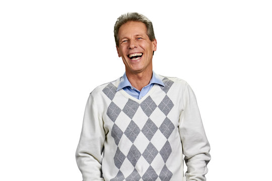 Portrait Of Laughing Man On White Background. Middle Aged Male Person Is Laughing. Positive Facial Expressions.