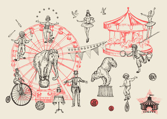 Retro circus performance set sketch stile vector illustration. Hand drawn imitation. Human and animals. - obrazy, fototapety, plakaty