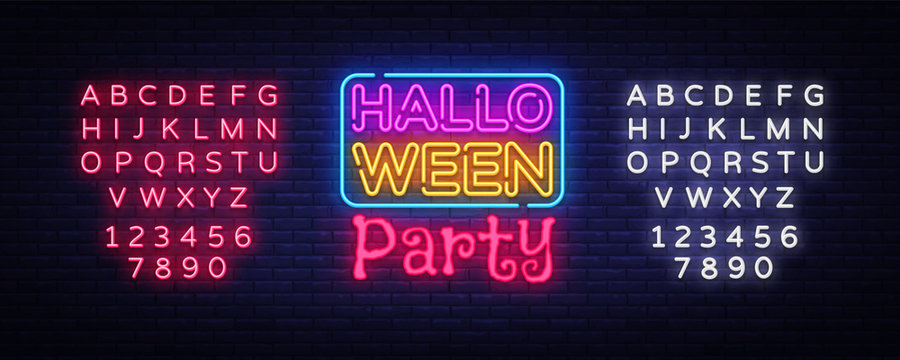 Halloween Party Text Vector. Happy Halloween neon sign, design template, modern trend design, night neon signboard, night bright advertising, light banner, light art. Vector. Editing text neon sign