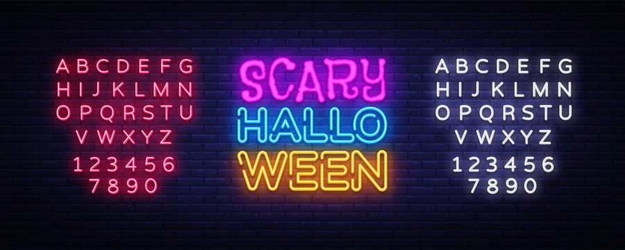 Scary Halloween neon text vector design template. Halloween neon logo, light banner design element colorful modern design trend, night bright advertising, bright sign. Vector. Editing text neon sign