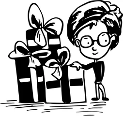 Fototapeten Jongen met cadeaus, illustratie cartoon karakter - pentekening met zwarte inkt.  © emieldelange
