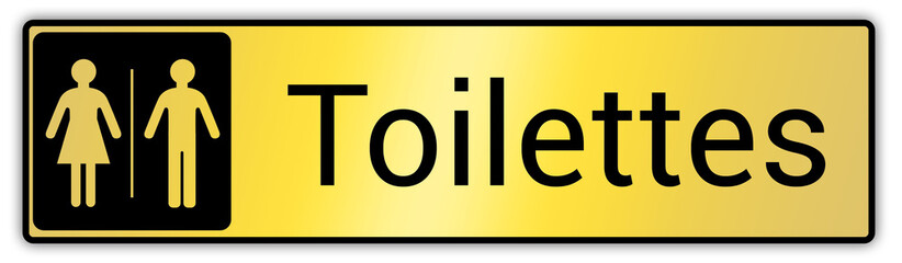 Panneau en France : Toilettes pour hommes et femmes, wc mixtes et unisexe - panneau pour salle de bain, toilettes et autres commodités texture en métal doré