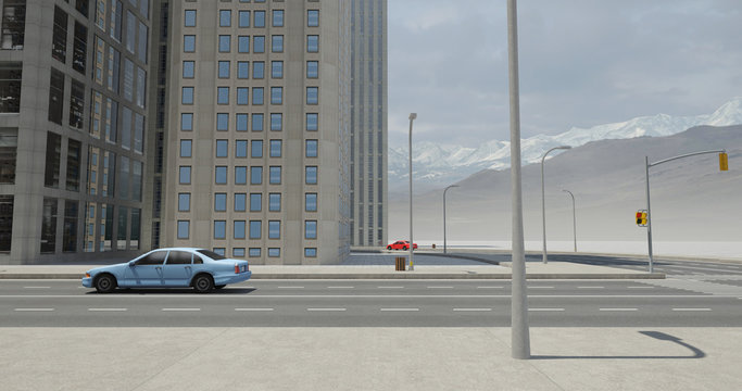 3D Street Flight Render With Skyscrapers