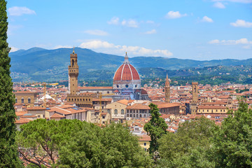 Aerial view of Florence with the Basilica Santa Maria del Fiore (Duomo) and tower of 