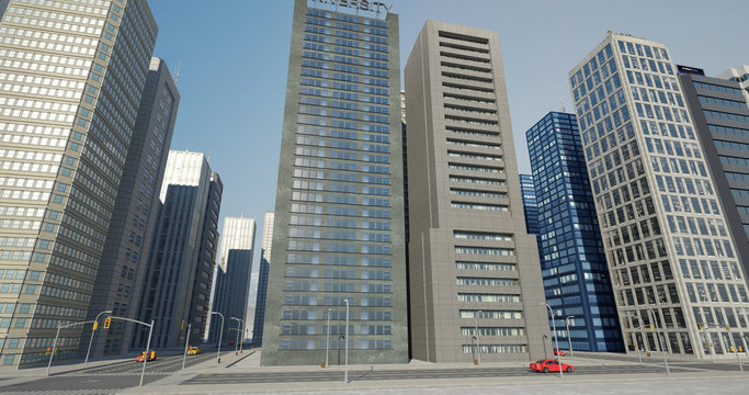 Metropolitan Aerial City Flight Render With Skyscrapers